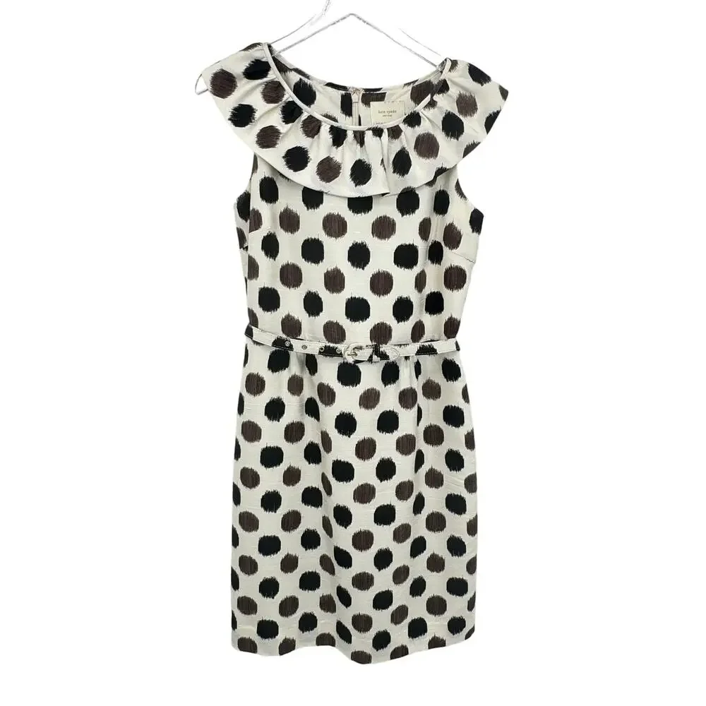 Kate Spade dress 100% silk ruffle collar belted polka dot sheath brown cream 6